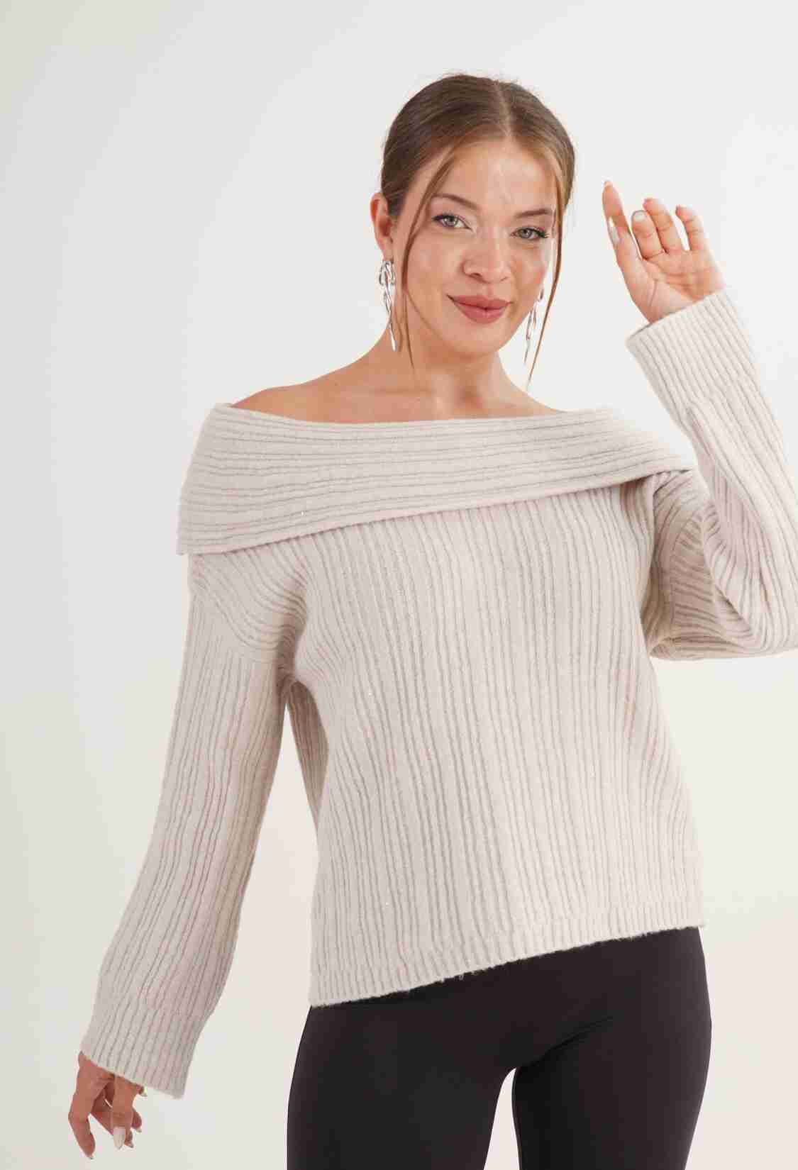 Beige Sweater With Off Shoulder Neck And Stripes - Brand: Lustrin - Women & Kids, Baby Clothes Wholesale - TheBS Women
