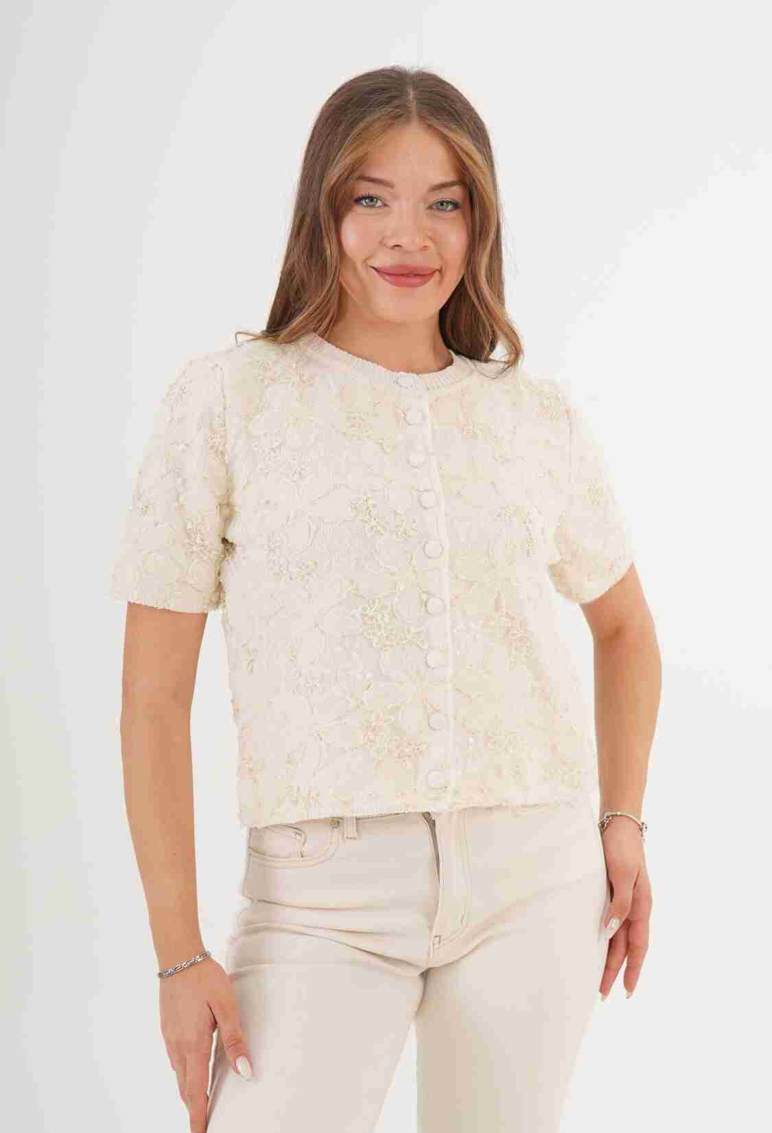 Beige Floral Elegant Buttoned Cardigan - Brand: Lustrin - Women & Kids, Baby Clothes Wholesale - TheBS Women
