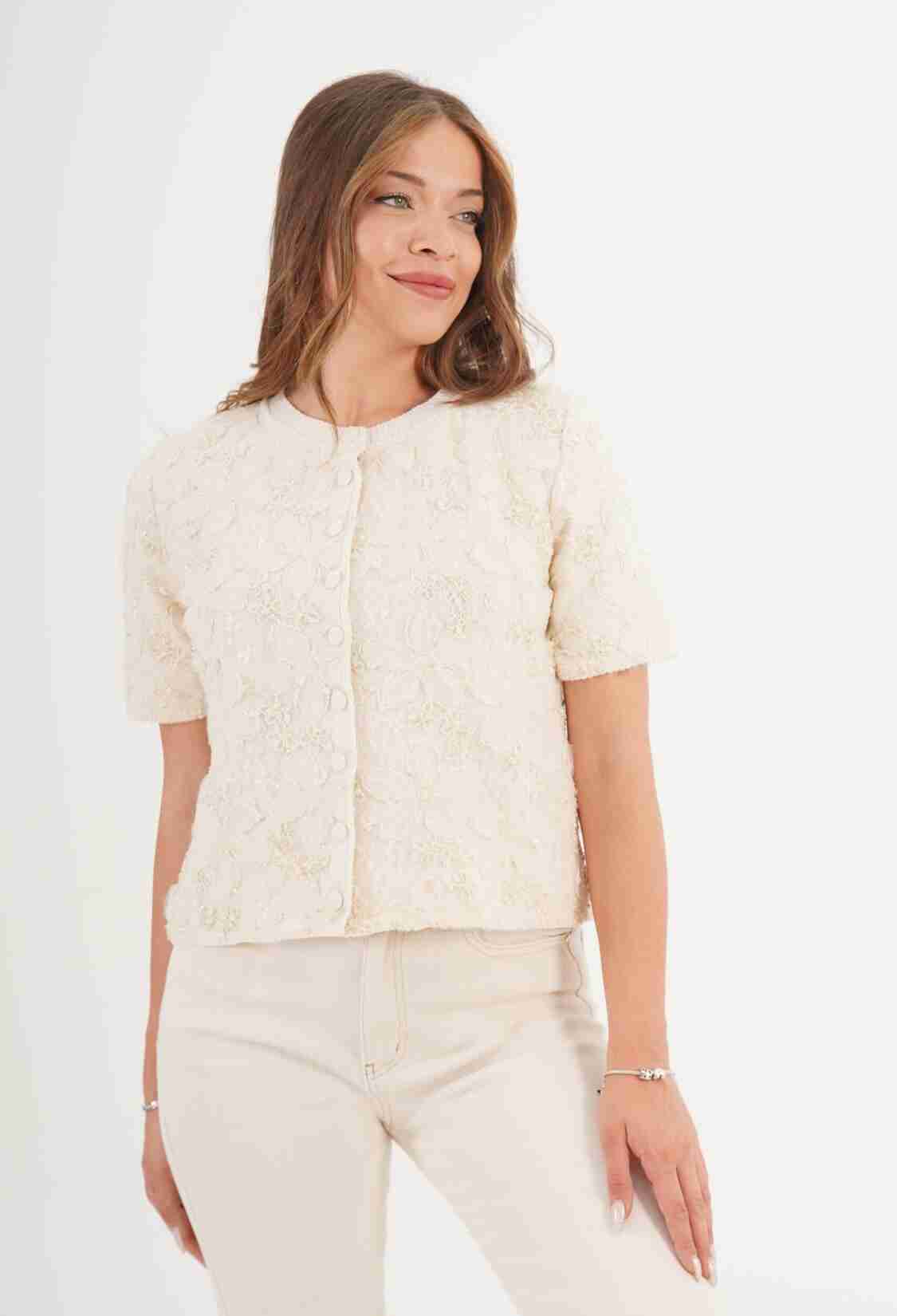 Beige Floral Elegant Buttoned Cardigan - Brand: Lustrin - Women & Kids, Baby Clothes Wholesale - TheBS Women