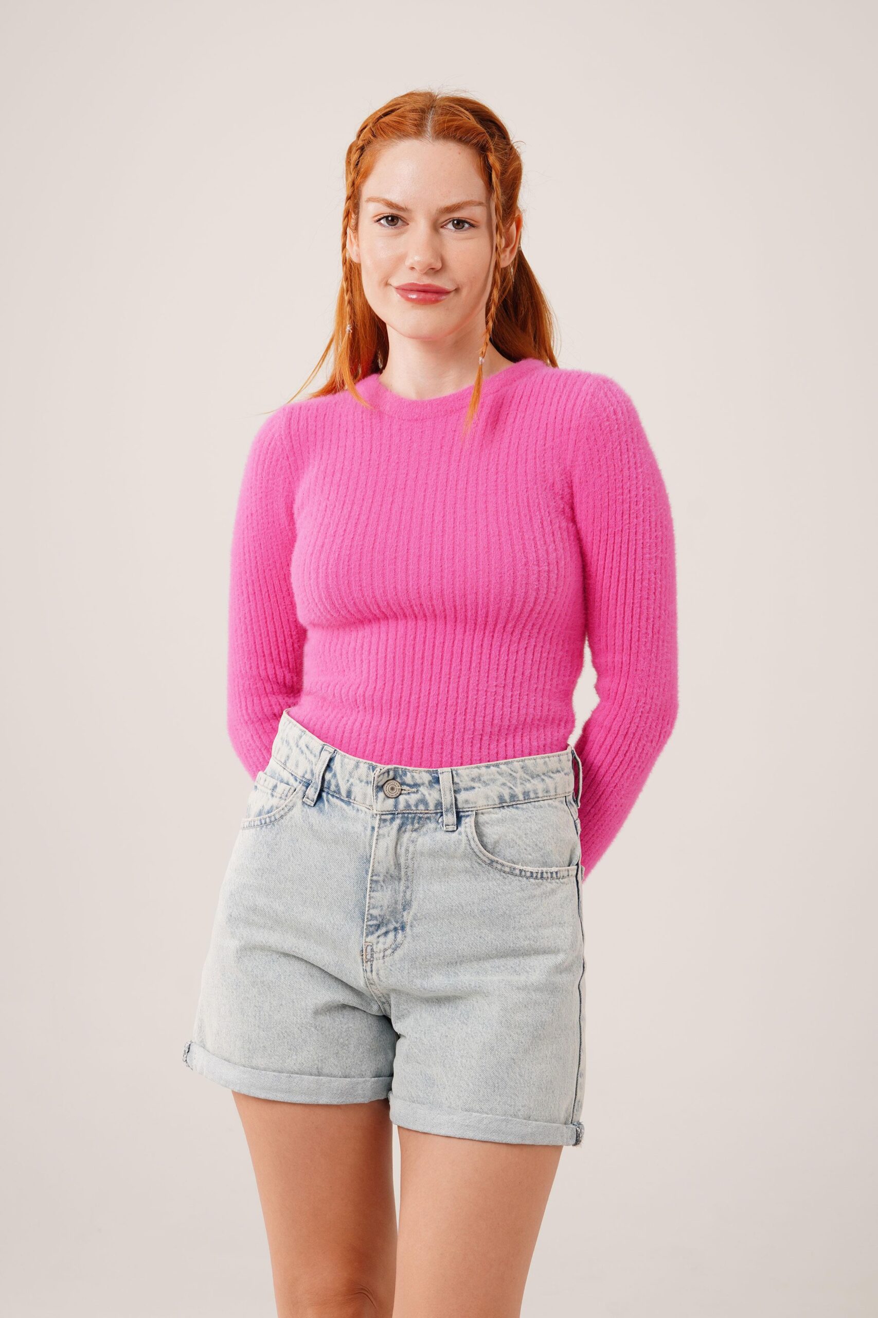 Pink Casual Fitted Sweater With Crew Neck - Brand: Lustrin - Women & Kids, Baby Clothes Wholesale - TheBS Women
