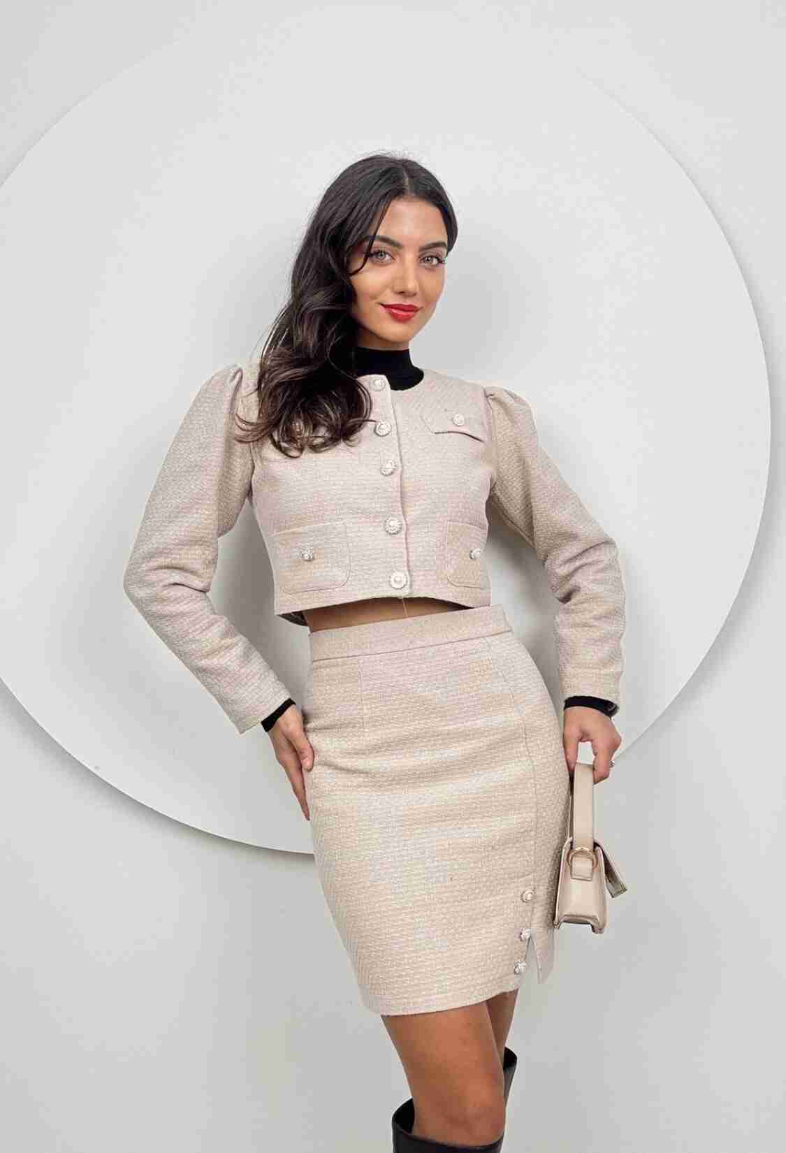 Elegant Beige Pencil Mini Skirt With Flap Pocket - Brand: Miss Janell - Women & Kids, Baby Clothes Wholesale - TheBS Women