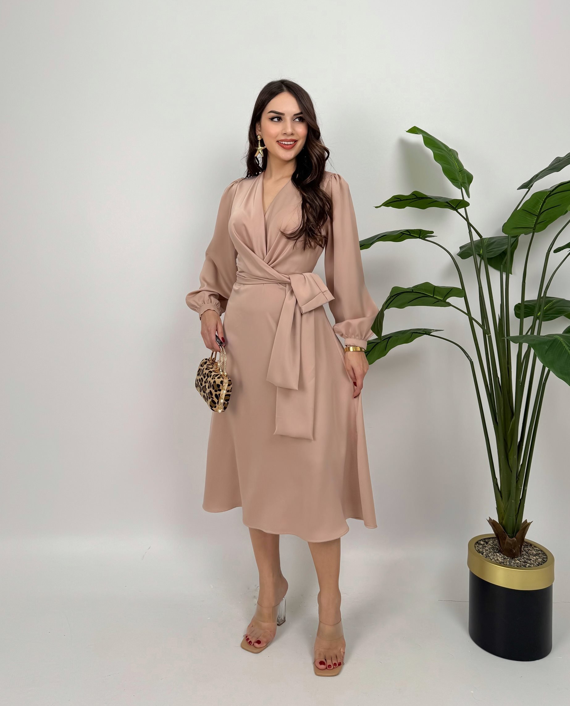 Elegant Beige Wrap Dress With Long Sleeves - Brand: Miss Janell - Women & Kids, Baby Clothes Wholesale - TheBS Women