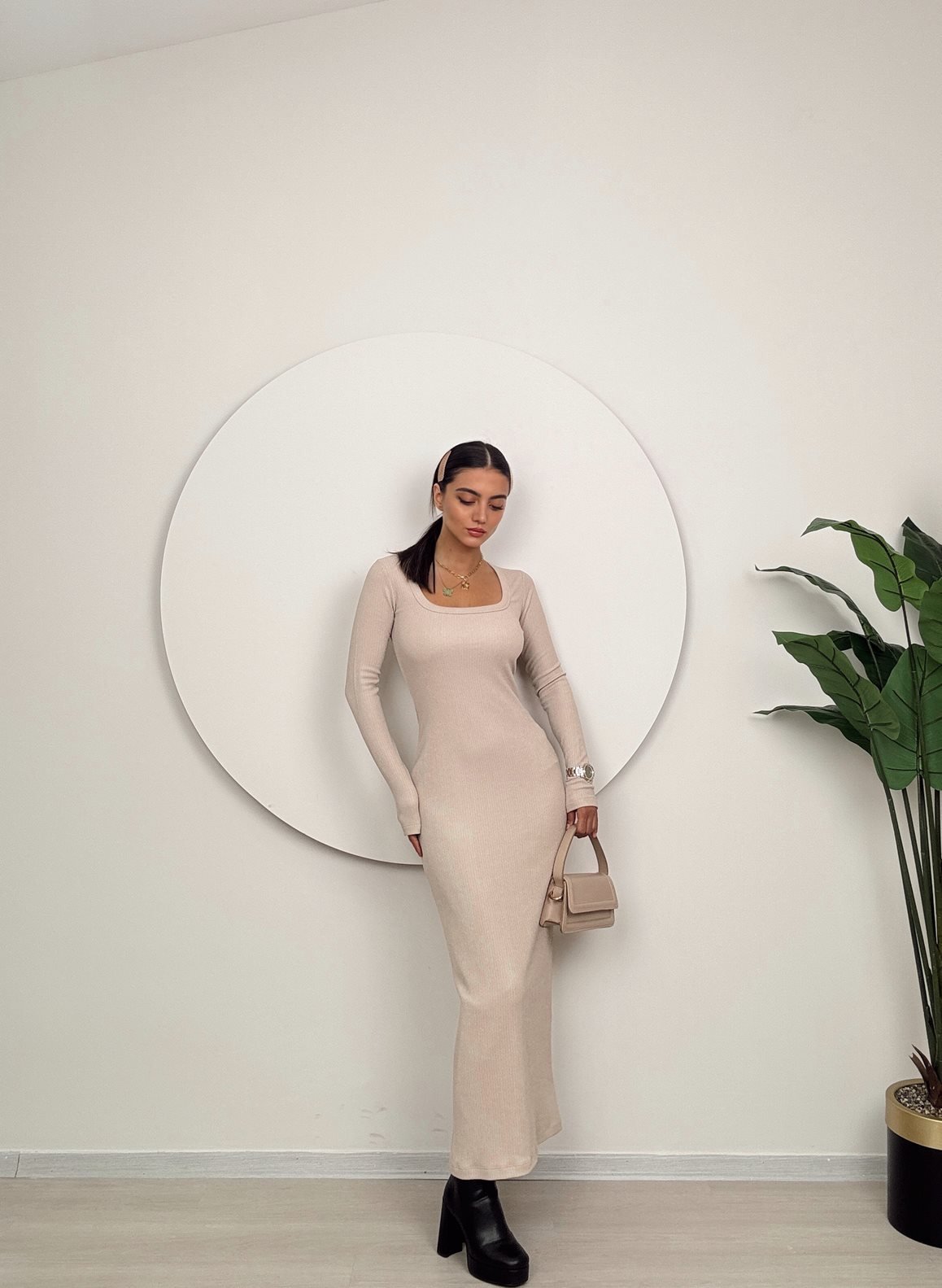 Beige Elegant Bodycon Dress With Square Neck - Brand: Miss Janell - Women & Kids, Baby Clothes Wholesale - TheBS Women