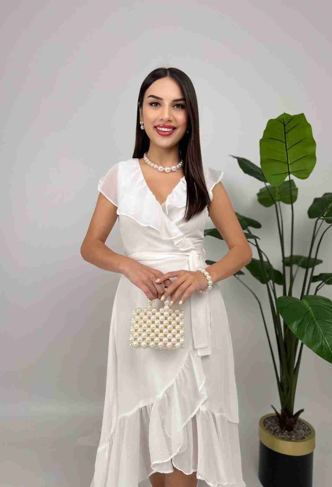 White Elegant Wrap Dress With V-Neck And Cap Sleeves - Brand: Miss Janell - Women & Kids, Baby Clothes Wholesale - TheBS Women