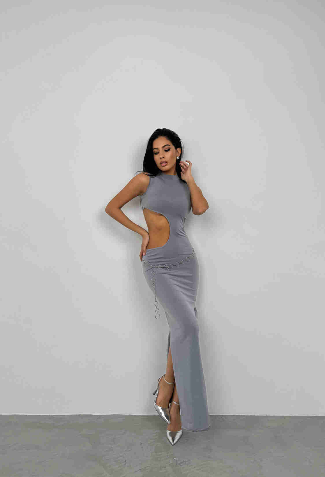 Asymmetric Waist Belt Long Dress - Gray - Brand: Black Fashion - Women & Kids, Baby Clothes Wholesale - TheBS Women